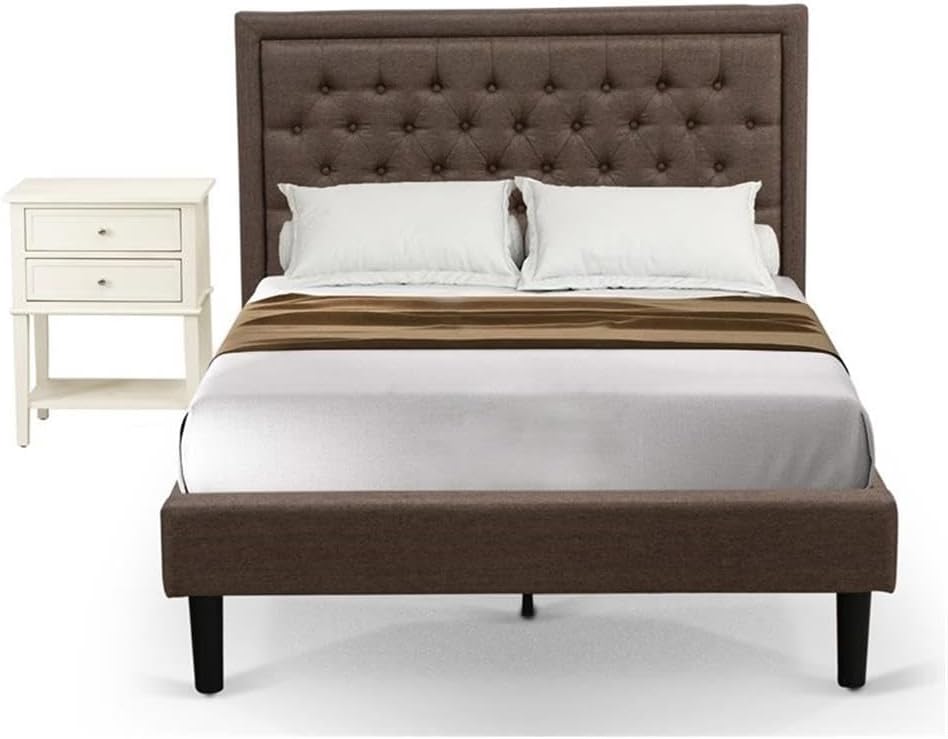 East West Furniture KD18F-1VL0C 2 Piece Wood Bedroom Set - 1 Full Bed Brown Linen Fabric Padded and Button Tufted Headboard with 1 Night Stands - Wire Brushed Butter Cream Finish Nightstand