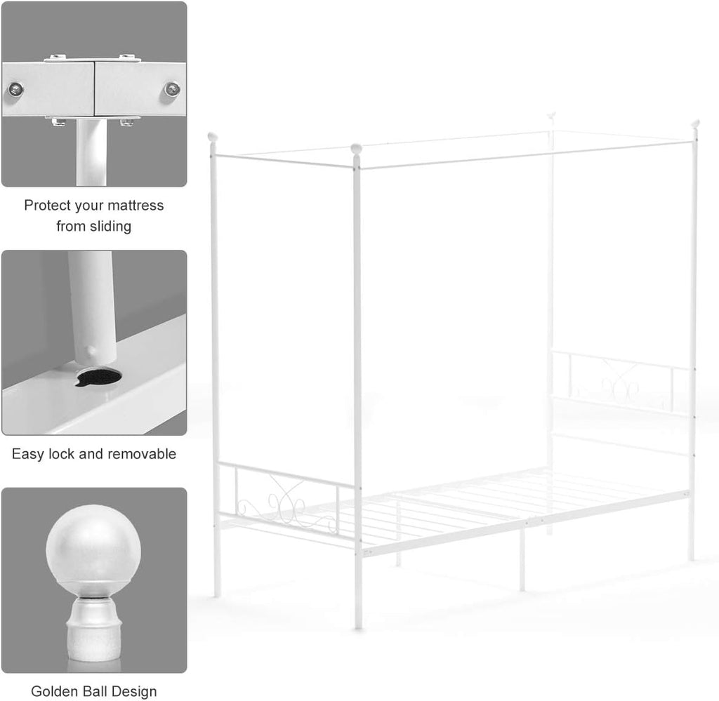 Weehom Full Canopy Bed Frame with Headboard and Footboard, 4 Posters Metal Bed Frame, No Box Spring Needed, Mattress Foundation Platform Bed for Kids and Adults, White