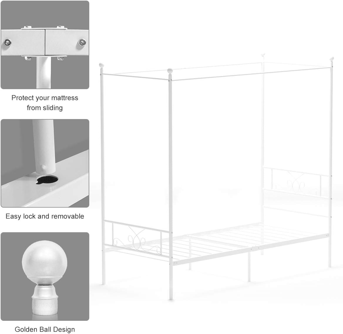 Weehom Full Canopy Bed Frame with Headboard and Footboard, 4 Posters Metal Bed Frame, No Box Spring Needed, Mattress Foundation Platform Bed for Kids and Adults, White