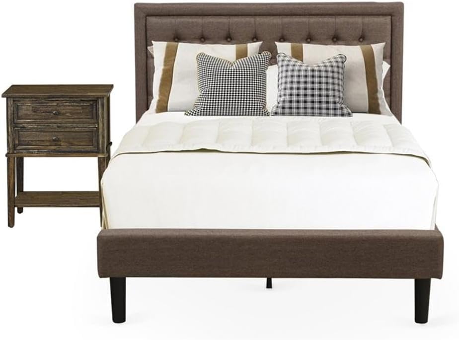 East West Furniture KD18F-1VL07 2 Piece Full Size Bed Set - 1 Bed Frame Brown Linen Fabric Padded and Button Tufted Headboard with 1 Nightstand - Distressed Jacobean Finish Nightstand