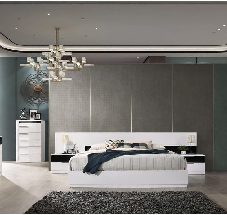 4Pc California King Size Modern Bedroom Set, White/Black Lacquer Finish Wood Bed with 2X Nightstand and Tallboy, Luxury Bedroom Furniture