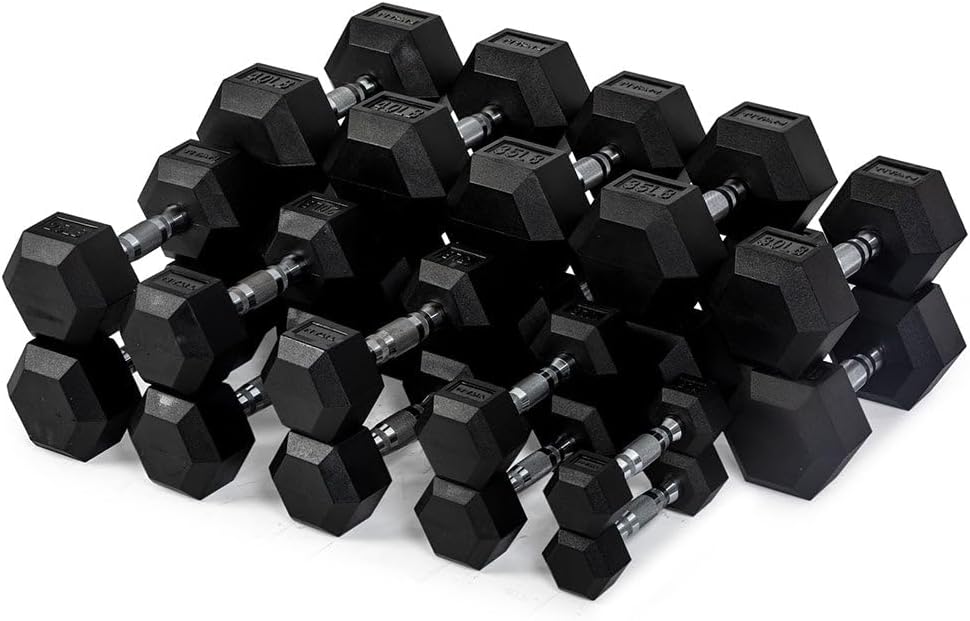 Titan Fitness Rubber Hex Dumbbells, 5 LB-50 LB Set of Pairs, Roll-Resistant Hexagonal Free Weights, Hex Dumbbell Set with Chrome-Coated Handles, Free Weight Set, Strength Training Equipment