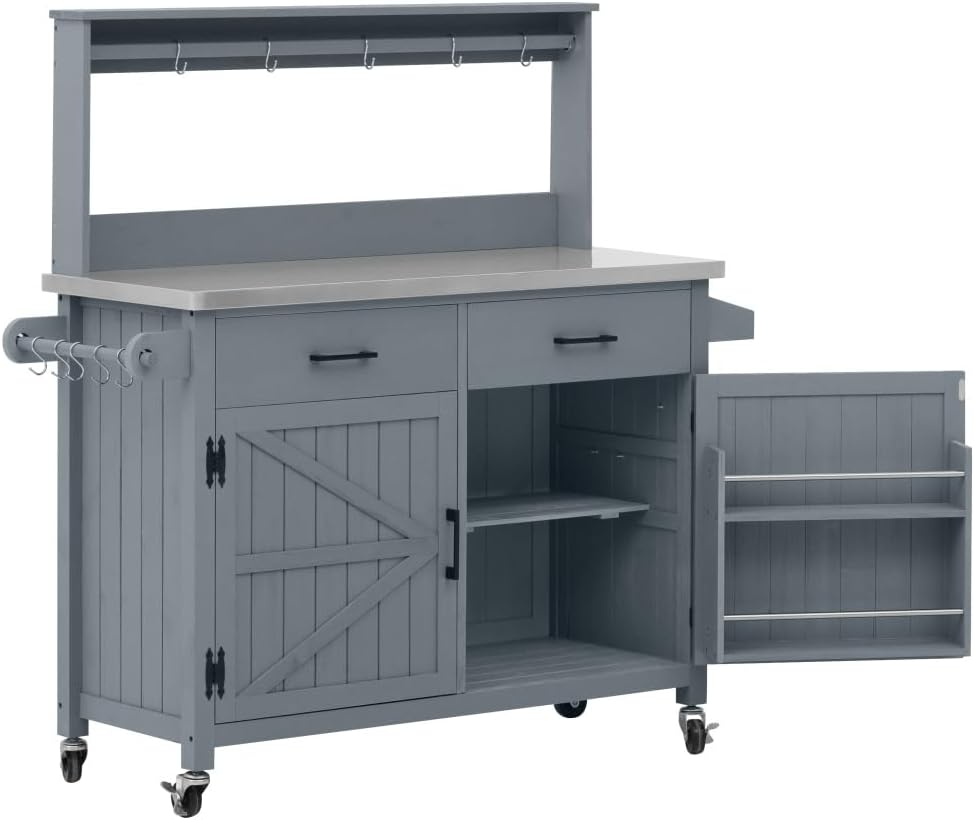 54.1' Outdoor Kitchen Island with High Shelf, Large Outdoor Garden Potting Bench Table with Stainless Steel Top and Storage Cabinet, Solid Wood Grill Cart With Lockable Wheels for BBQ (Grey Blue)