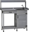 Potting Bench Table with Faucet, Sink, Hooks and Storage Cabinet, Outdoor Prep Gardening