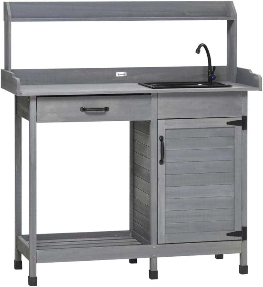 Potting Bench Table with Faucet, Sink, Hooks and Storage Cabinet, Outdoor Prep Gardening