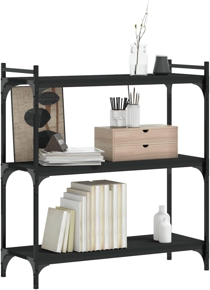Black Engineered Wood Bookcase, 3-Tier Adjustable Shelves for Living Room, Sturdy Metal Frame Display Storage Unit with Matte Finish, 31.5' Wide