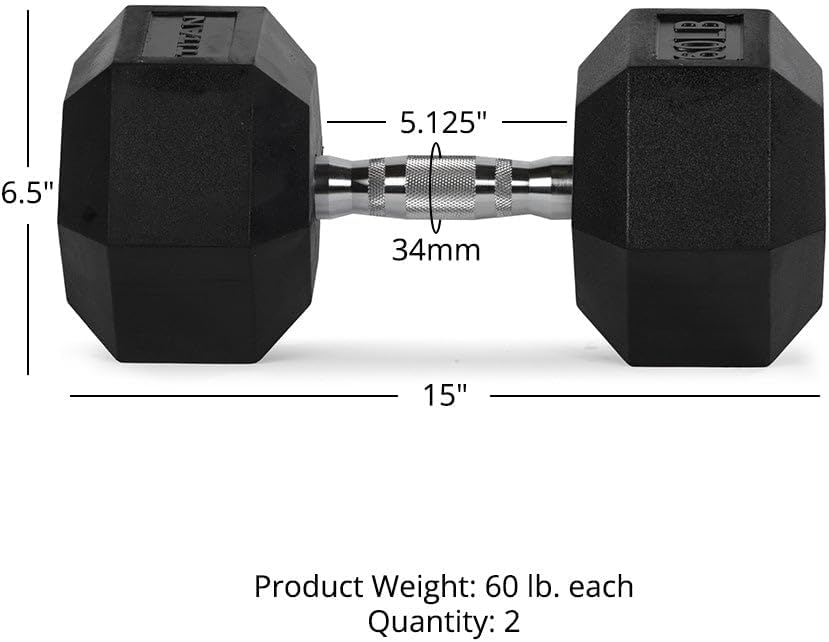 Titan Fitness Pair Rubber Coated Hex Dumbbells, Roll-Resistant Hexagonal Free Weights, Chrome-Coated Handles with Knurling, Strength Training Equipment