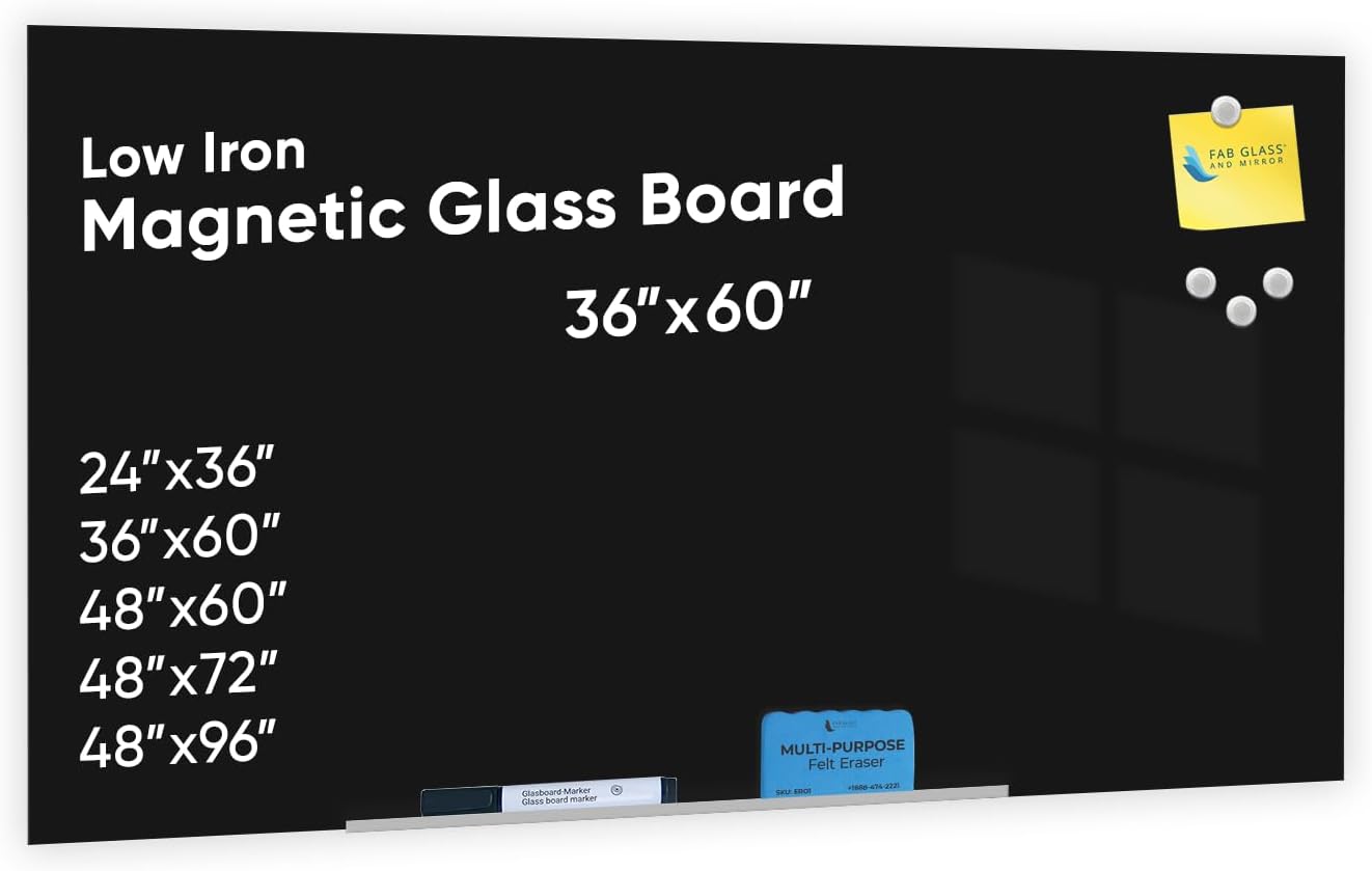 Fab Glass and Mirror Magnetic Glass Dry Erase Board - Frameless Floating Black Whiteboard - Wall Mounted with Marker, Eraser & Rare Earth Magnets - 60' W x 36' H