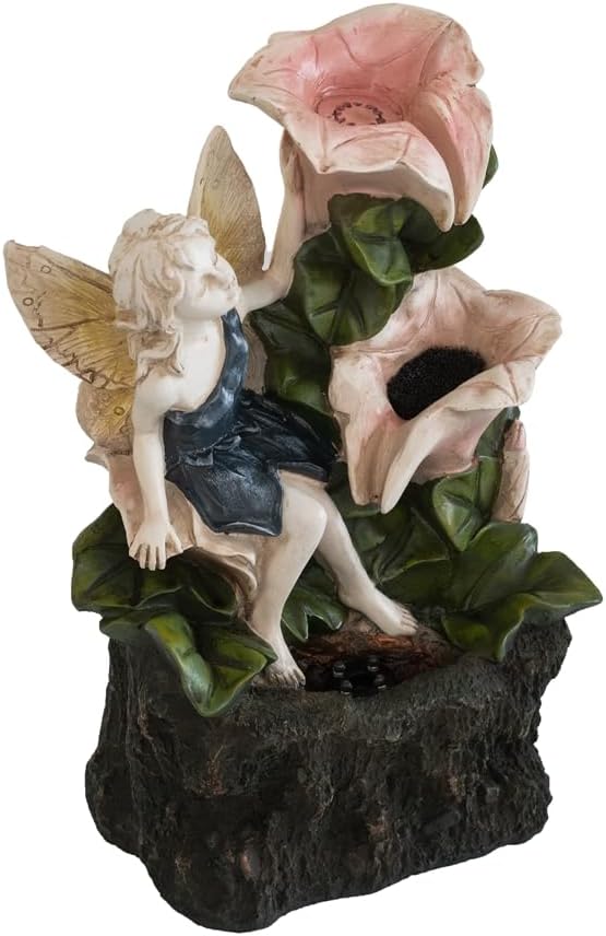 8.9x4.7x13.4 Decorative 3 Tier Tabletop Water Fountain with Fairy and LED Light, Angel Girl with Pink Flower Design, for Indoor Tabletop and Outdoor