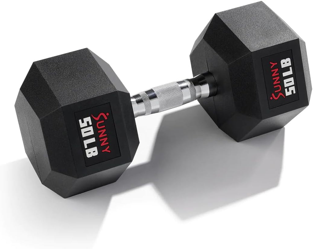 Sunny Health & Fitness Hex Style Dumbbell 5 LBS TO 50 LBS Chrome Handles, Hand Weight for Strength Training, Home Gym, Exercise, Workout Equipment Multiple Size Options