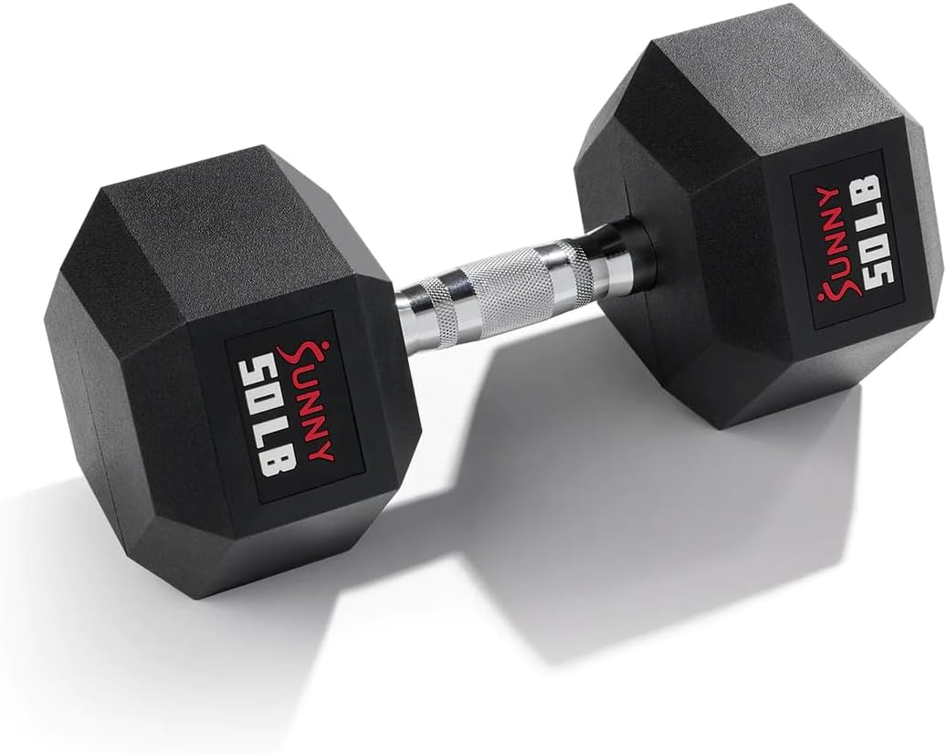 Sunny Health & Fitness Hex Style Dumbbell 5 LBS TO 50 LBS Chrome Handles, Hand Weight for Strength Training, Home Gym, Exercise, Workout Equipment Multiple Size Options