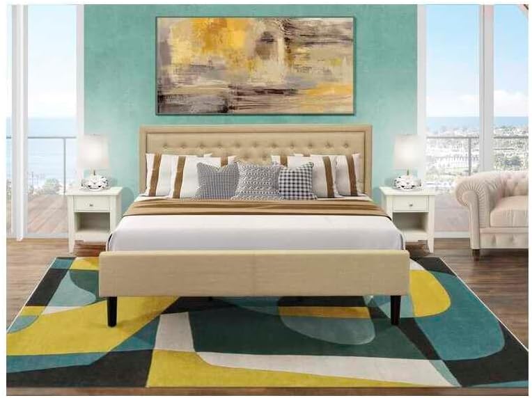 HomeStock Art Deco Dreams 3 Pc Bedroom Set 1 King Size Bed Dark Khaki Linen Fabric Padded and Button Tufted Headboard 2 Mid Century Nightstand with Wood Drawer Black Finish Legs