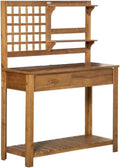 Potting Garden Work Bench, Outdoor Wooden Workstation with Tiers of Shelves and Drawer for Patio, Courtyards