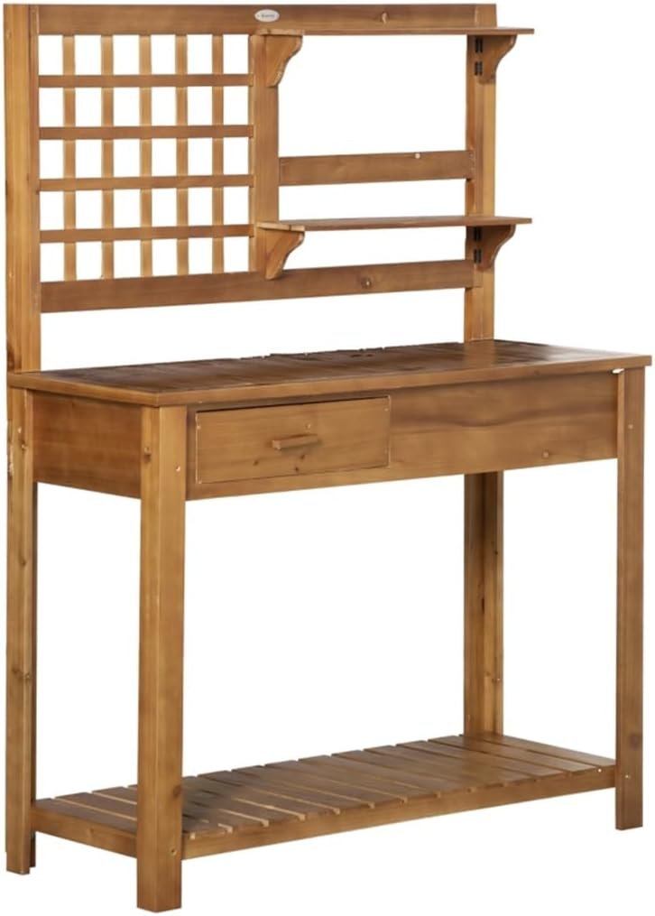 Potting Garden Work Bench, Outdoor Wooden Workstation with Tiers of Shelves and Drawer for Patio, Courtyards