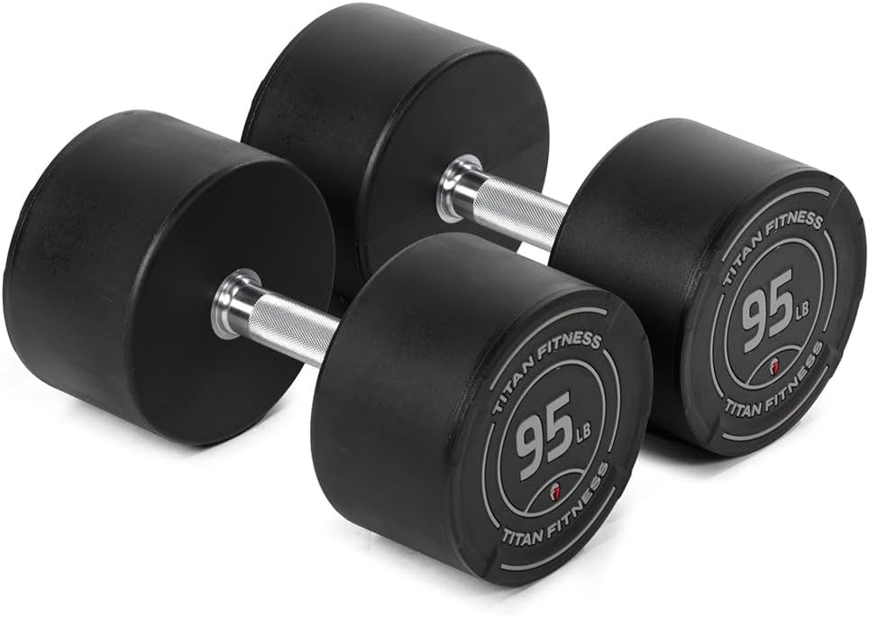 Titan Fitness Round Urethane Dumbbells, Medium Volcano Knurling, 33mm Grip, Easy-to-Read Weight Indicators, Free Weights for Strength Training