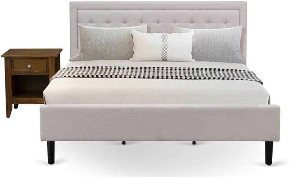 East West Furniture FN08K-1GA08 2-Piece Fannin King Size Bed Set with 1 Modern Bed and 1 Wood Nightstand - Reliable and Sturdy Construction - Mist Beige Linen Fabric