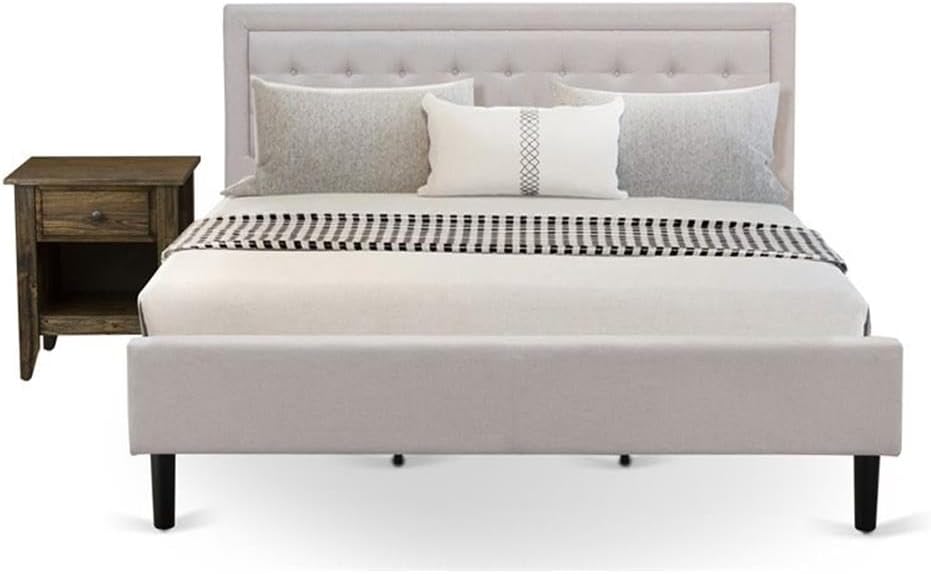 East West Furniture FN08K-1GA07 2-Piece Platform Wooden Set for Bedroom with 1 King Frame and 1 End Table - Reliable and Durable Construction - Mist Beige Linen Fabric