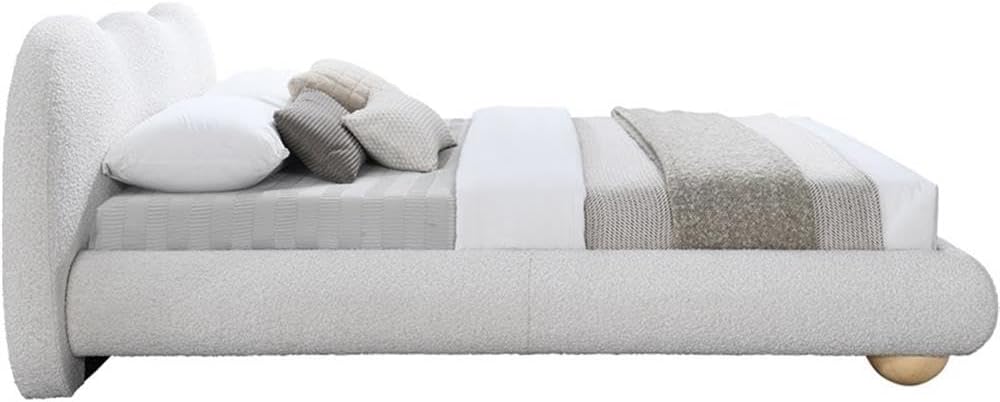Meridian Furniture HydeCream-F Hyde Collection Modern | Contemporary Full Bed with Rich Cream Boucle Fabric, Both Natural and Black Finish Solid Wood Legs, 70.25' W x 85.5' D x 35.75' H, Cream, Full