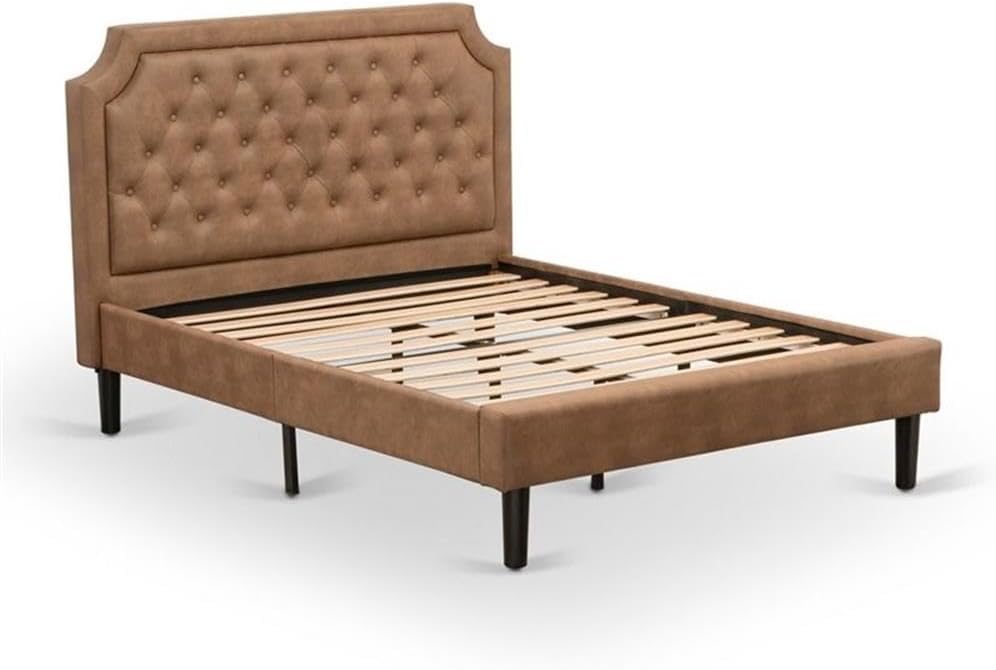 East West Furniture GB28F-1VL07 2-Pc Platform Bedroom set with Button Tufted Full Size Bed and 1 Distressed Jacobean Night Stands for Bedrooms - Brown faux Leather with Brown Texture and Black Legs