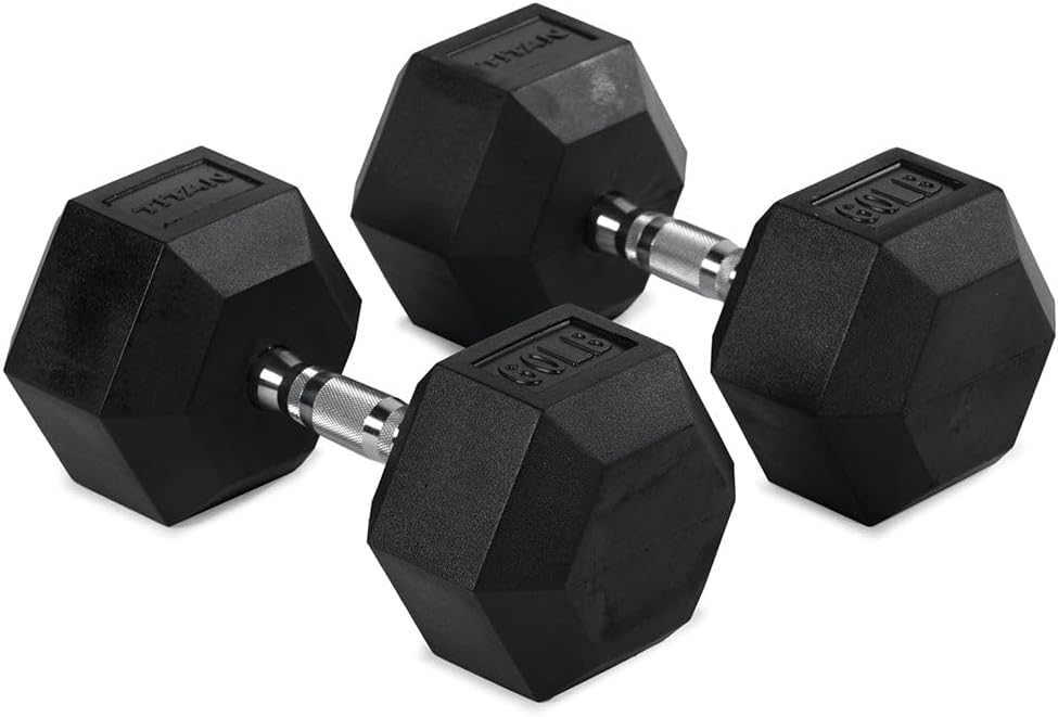 Titan Fitness Pair Rubber Coated Hex Dumbbells, Roll-Resistant Hexagonal Free Weights, Chrome-Coated Handles with Knurling, Strength Training Equipment
