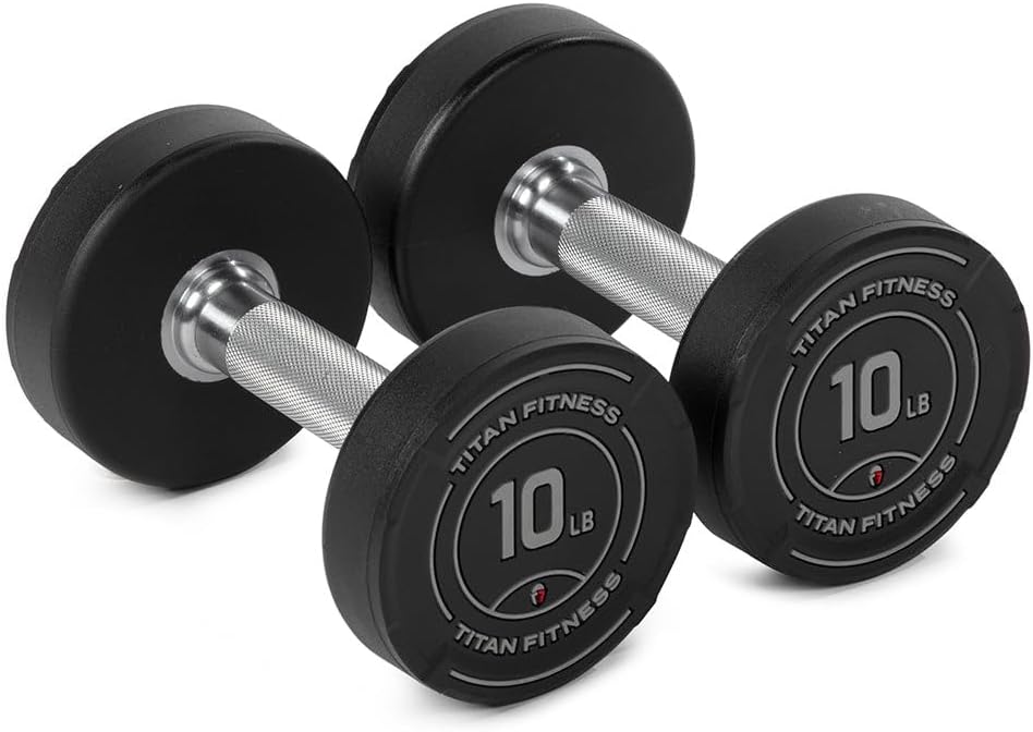 Titan Fitness Round Urethane Dumbbells, Medium Volcano Knurling, 33mm Grip, Easy-to-Read Weight Indicators, Free Weights for Strength Training