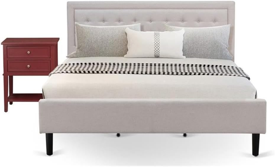 East West Furniture FN08K-1VL13 2-Piece Fannin Wooden Set for Bedroom with 1 Platform Bed and a Mid Century Modern Nightstand - Reliable and Durable Manufacturing - Mist Beige Linen Fabric