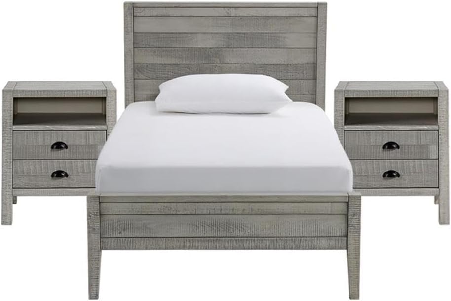 Windsor 3-pc Kids Bedroom Set, Twin Panel Bed, Rustic Gray, Two Matching Nightstands, Pine Wood, Metal Drawer Glides, 42 in. W x 79 in. D x 39 in. H Bed, 22 in. W x 17 in. D x 25 in. H Nightstands