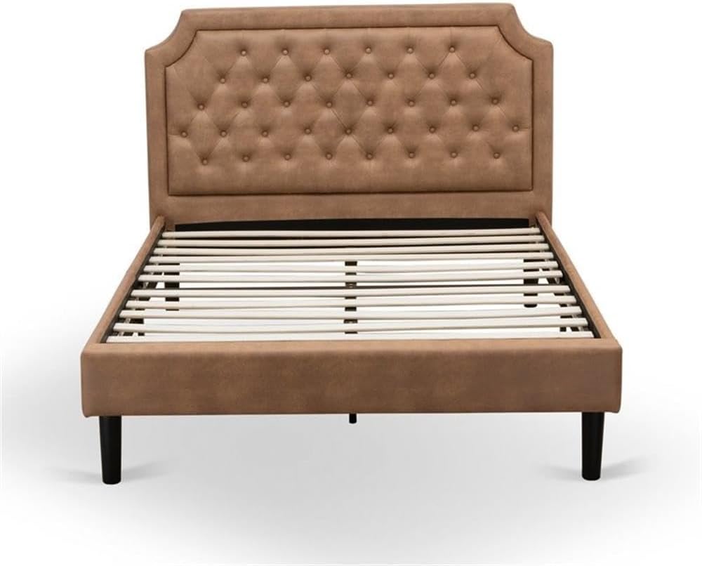 East West Furniture GB28F-1VL07 2-Pc Platform Bedroom set with Button Tufted Full Size Bed and 1 Distressed Jacobean Night Stands for Bedrooms - Brown faux Leather with Brown Texture and Black Legs