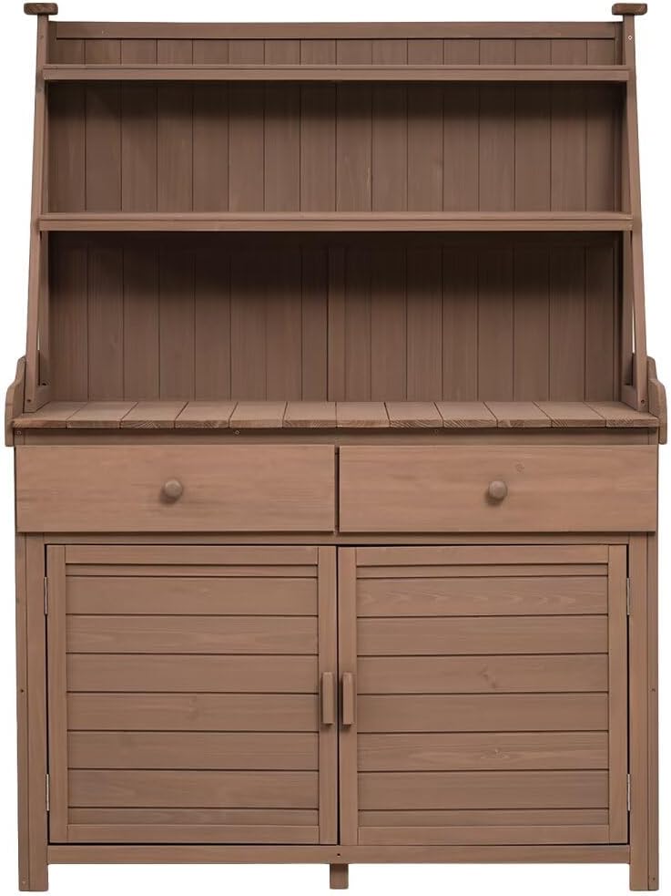 JIJIWANG 65' Garden Potting Bench Table, Fir Wood Workstation with Storage Shelf, Drawer and Cabinet, Brown