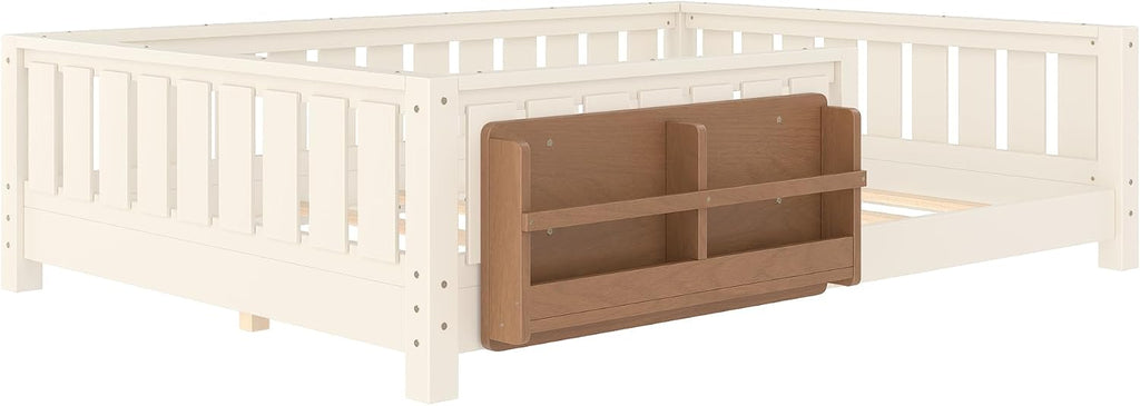Bellemave Full Size Floor Bed with Slats and Safety Guardrail, Beige