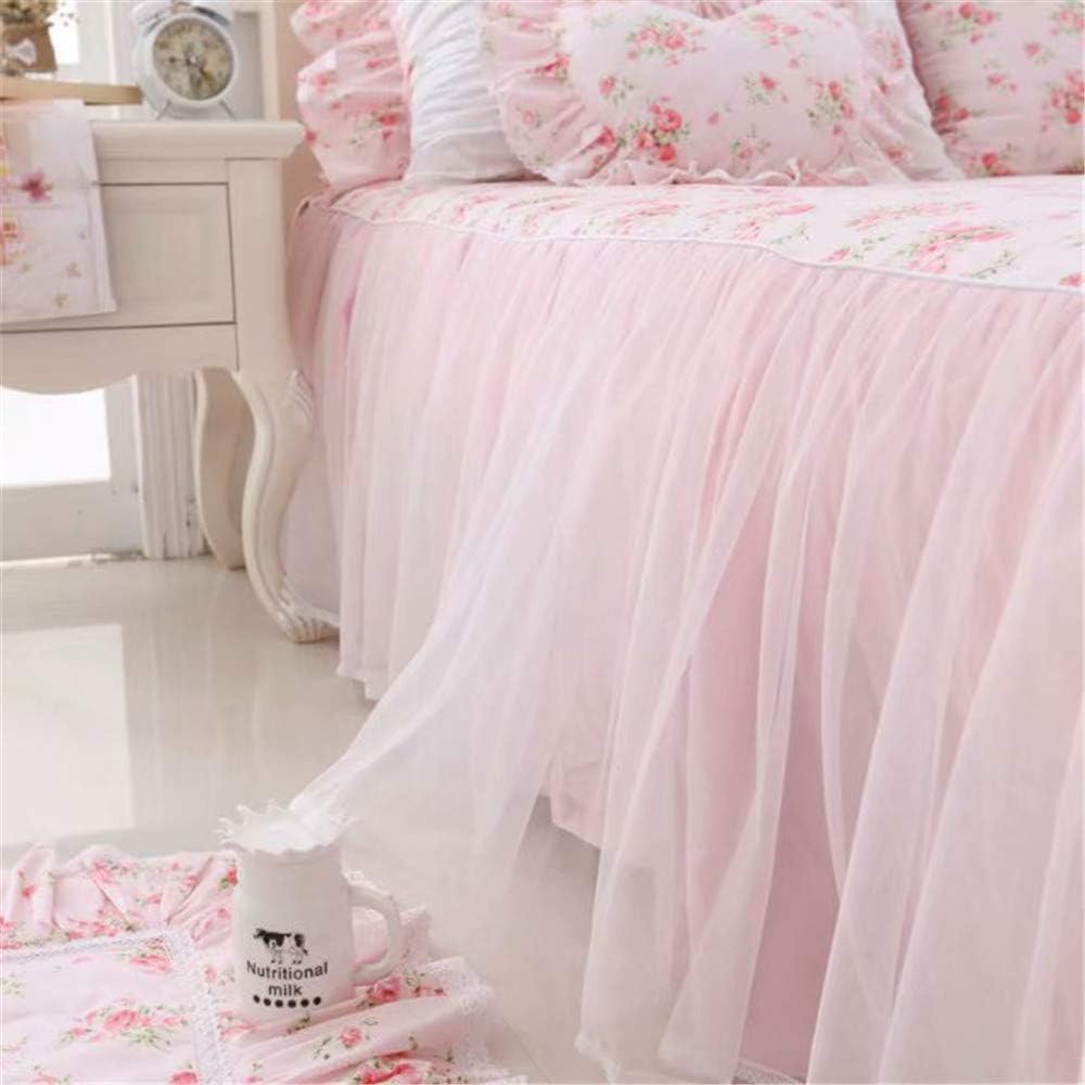 LELVA Romantic Rose Flower Print Bedding for Girls Duvet Cover Set with Bed Skirt Pink Lace Ruffle Floral Shabby Bedding Sets Full 4 Piece