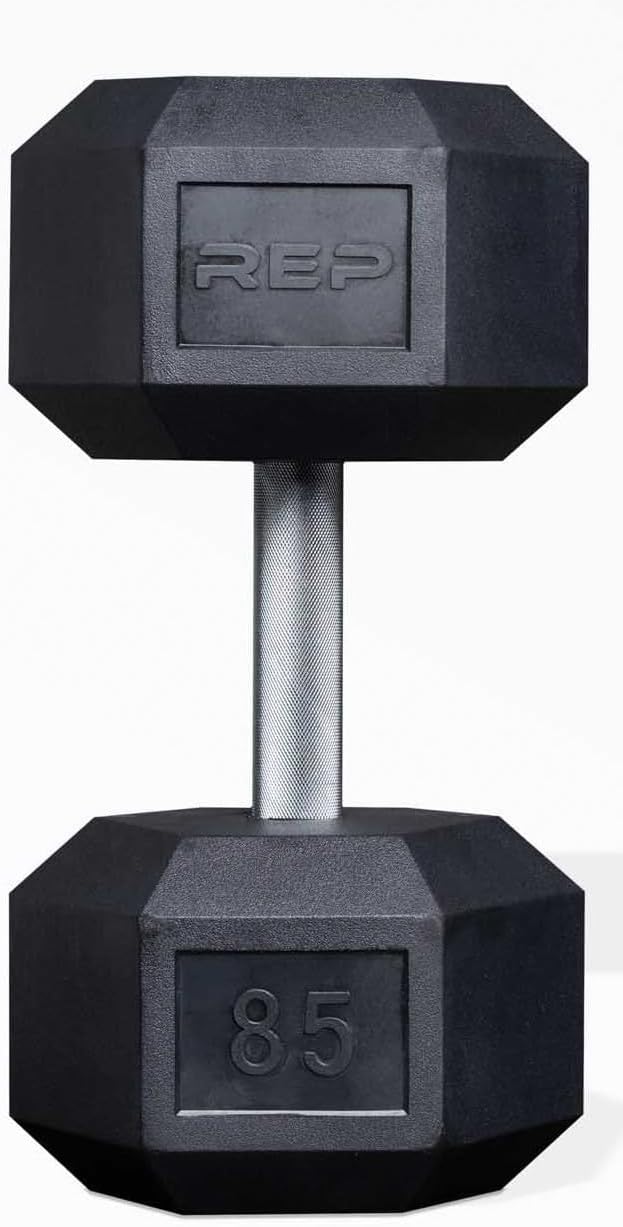 Rep Fitness Rubber Hex Dumbbell(s) - Singles (55LB +) and Pairs (5LB - 50LB) - Low Odor, Fully Knurled Handle