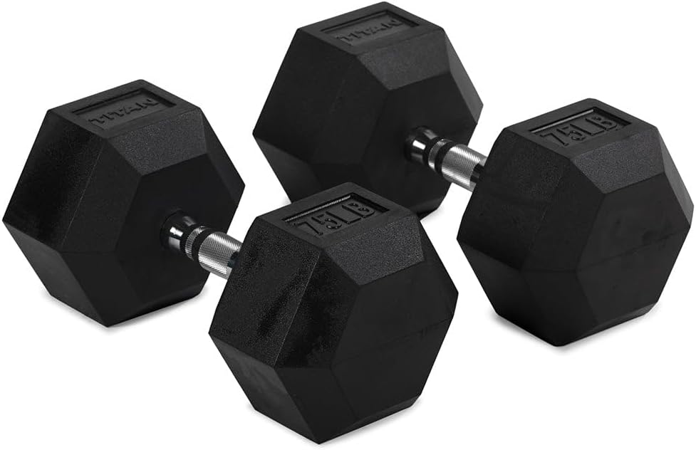 Titan Fitness Pair Rubber Coated Hex Dumbbells, Roll-Resistant Hexagonal Free Weights, Chrome-Coated Handles with Knurling, Strength Training Equipment