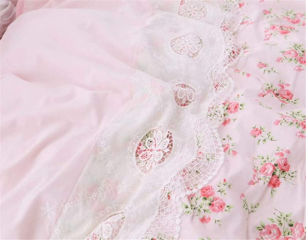 LELVA Romantic Rose Flower Print Bedding for Girls Duvet Cover Set with Bed Skirt Pink Lace Ruffle Floral Shabby Bedding Sets Full 4 Piece