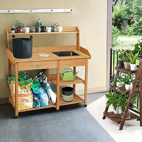 Multi-Use Table Work Station Planting Table Potting Patio Balcony Outdoor Garden Bench Tabletop w/Sink Shelves Solid Wood Construction Deck for People-Plant Pots