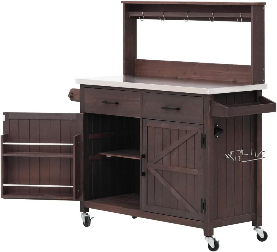 54.1' Outdoor Kitchen Island with High Shelf, Large Outdoor Garden Potting Bench Table with Stainless Steel Top and Storage Cabinet, Solid Wood Grill Cart With Lockable Wheels for BBQ (Brown)