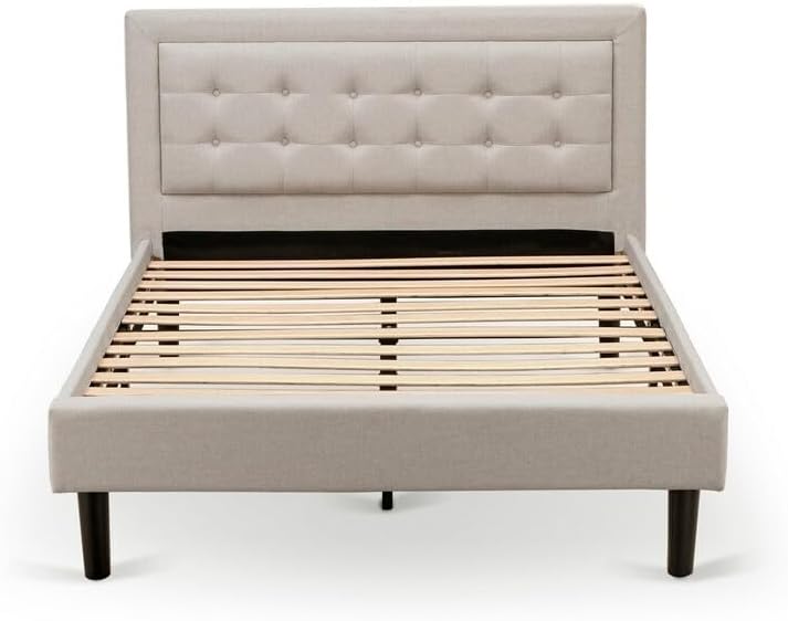 HomeStock Rustic Recluse 2 Piece Bedroom Set with Mist Beige Linen Fabric Headboard and Black Leg Finish Nightstand with USB Outlets White/Full
