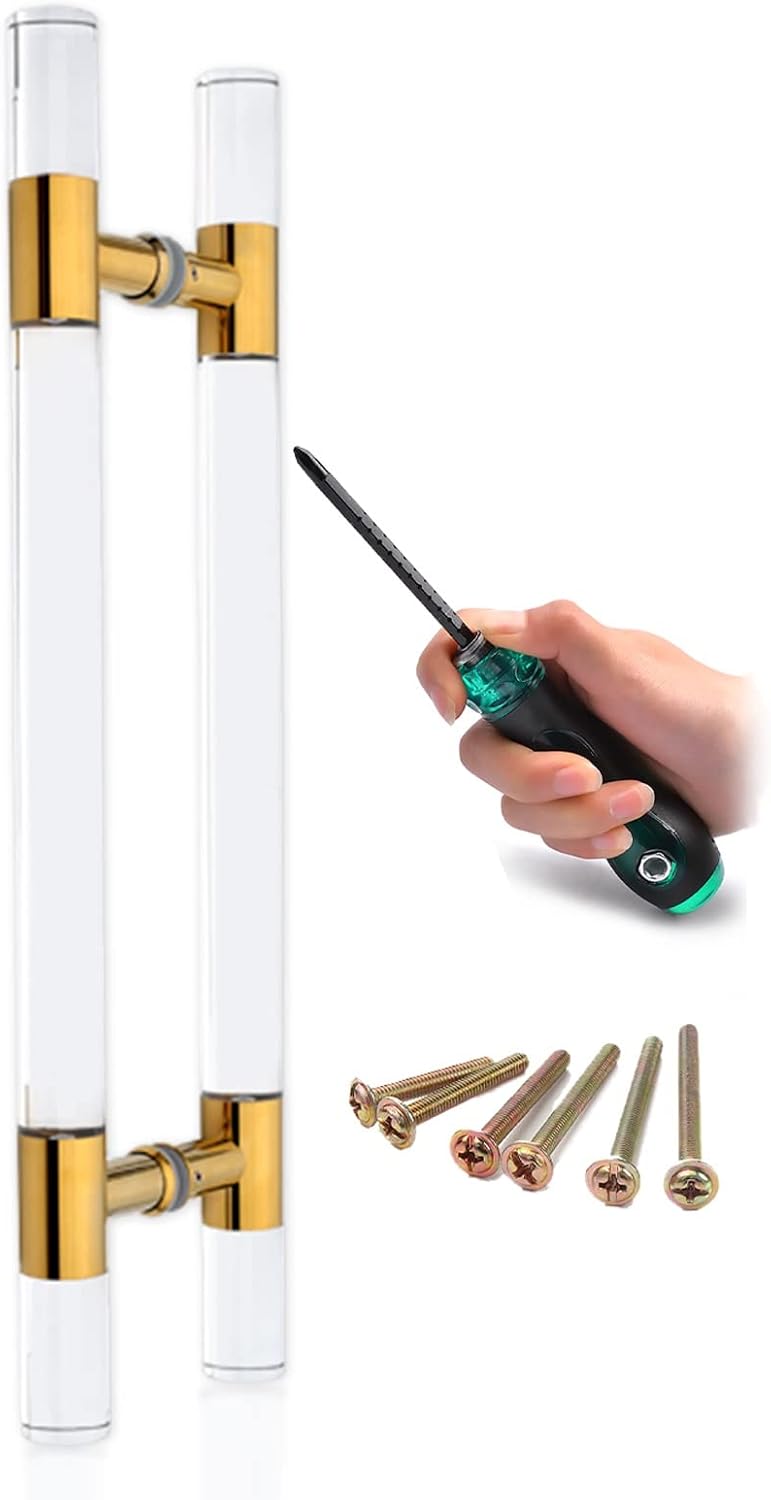 ETULLE Round Clear Door Handles Acrylic,Gold 24/34/40/60/70 Inch Long Indoor/Outdoor Push Pull French Glass Door Barn Door Handle,Entrance Gate Hardware Knob (Size :60cm/24inch)