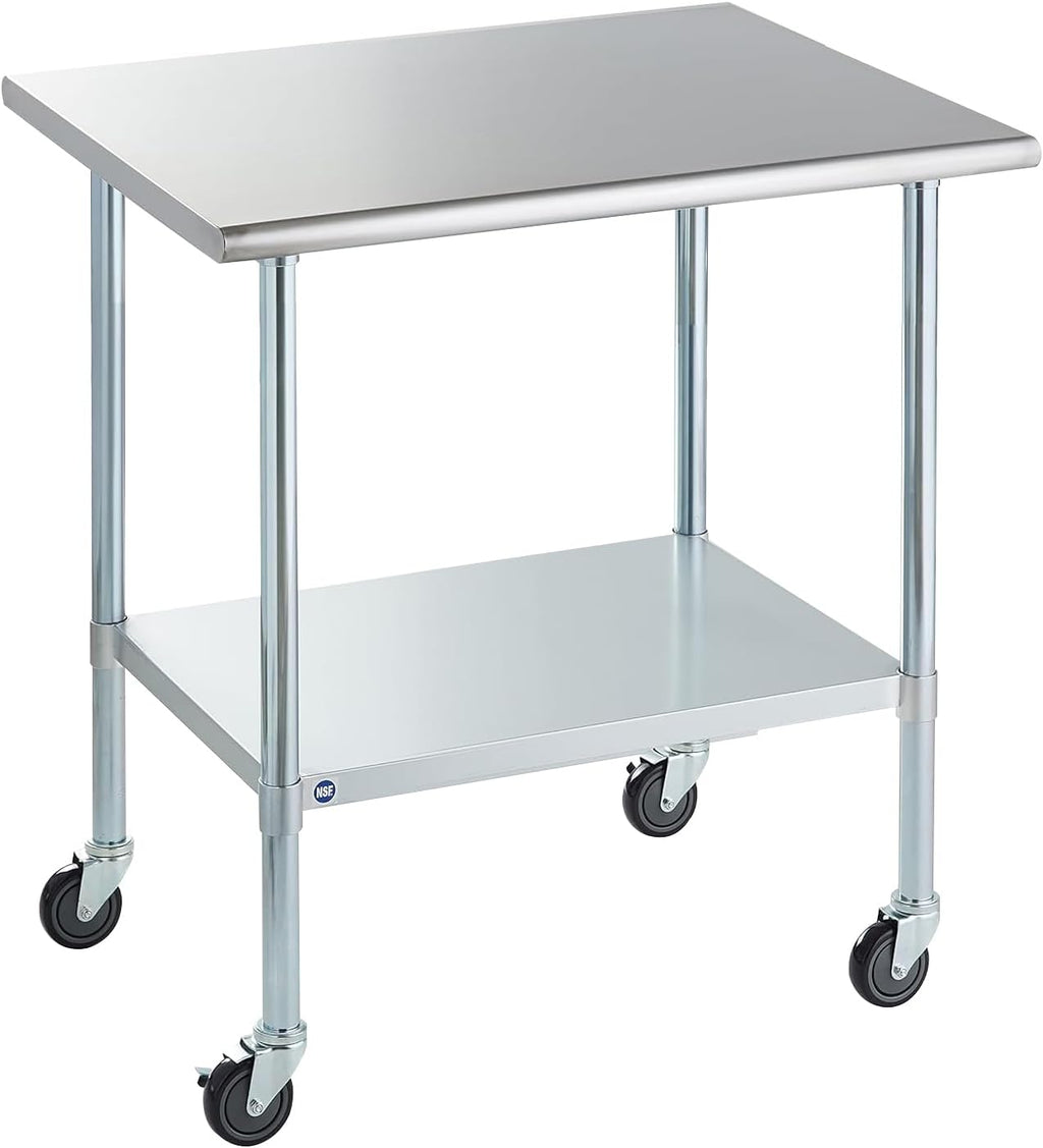 ROCKPOINT Stainless Steel Table for Prep & Work with Caster Wheels 30x36 Inches, NSF Commercial Heavy Duty Table with Undershelf and Legs for Restaurant, Home and Hotel