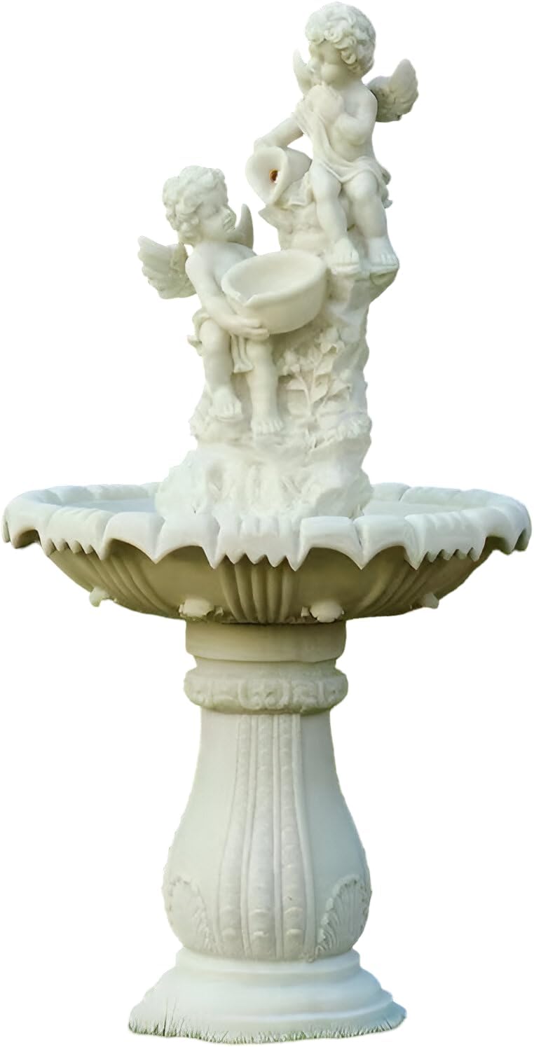 Large Outdoor Electric Water Fountain with Angel Top, 4-Tier Crystal Garden Fountain with LED Lights, Natural Crystals & Free Protective Cover for Lawn, Patio & Villa Décor (no pond, 120*120*160 CM)