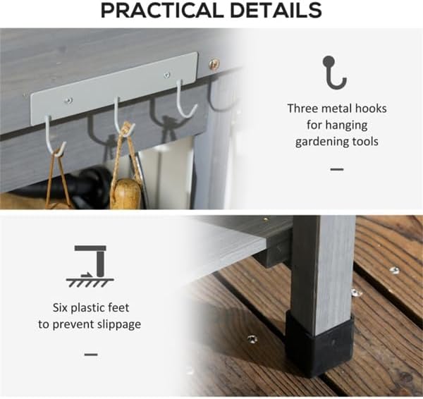 Outdoor Garden Work Bench with Sink and Storage – Potting Table with Drawer, Shelves, Hooks, and Waterproof Fir Wood for Gardening (Gray, Large)