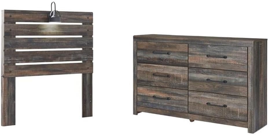 BOWERY HILL Rustic-Industrial Full Headboard & 6-Drawer Dresser Set