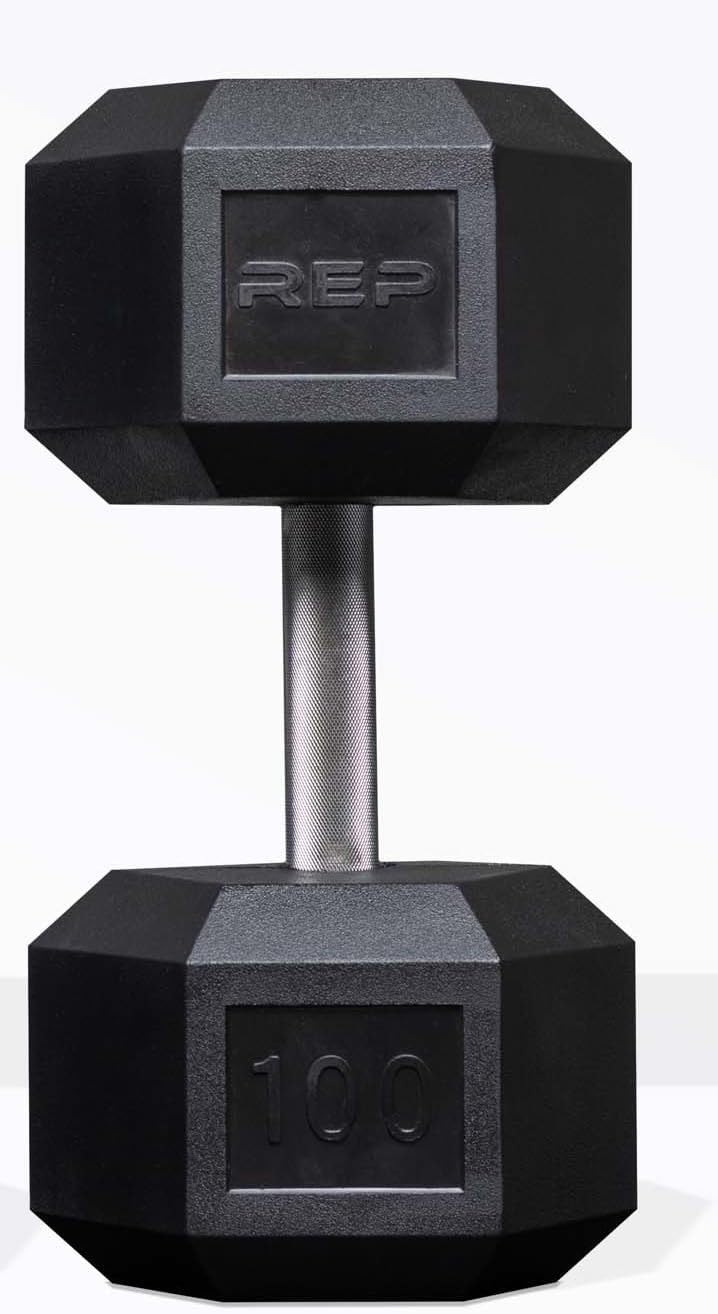 Rep Fitness Rubber Hex Dumbbell(s) - Singles (55LB +) and Pairs (5LB - 50LB) - Low Odor, Fully Knurled Handle