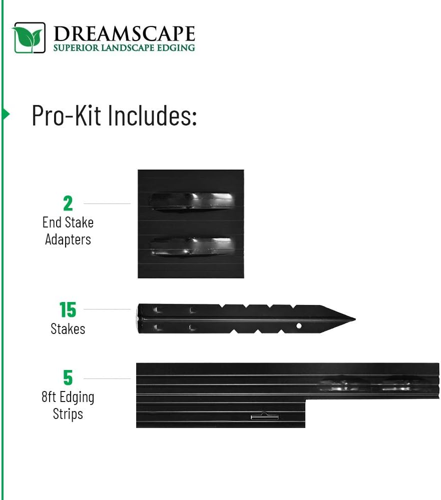 Dreamscape PRO Aluminum Landscape Edging - Easy Install Professional Landscaping Border - 5 Strips, 8ft Each (40ft Total) - Black Painted - Metal Divider for Lawn, Garden, Flowerbed