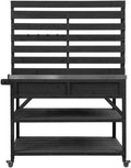 K&K 64.9' H Outdoor Potting Bench Table with Lockable Wheels, Solid Wood Outdoor Kitchen Island with Upper Hutch, Stainless Steel Top, Towel Rack,Outdoor Storage for Grilling, Lawn Garden -Black
