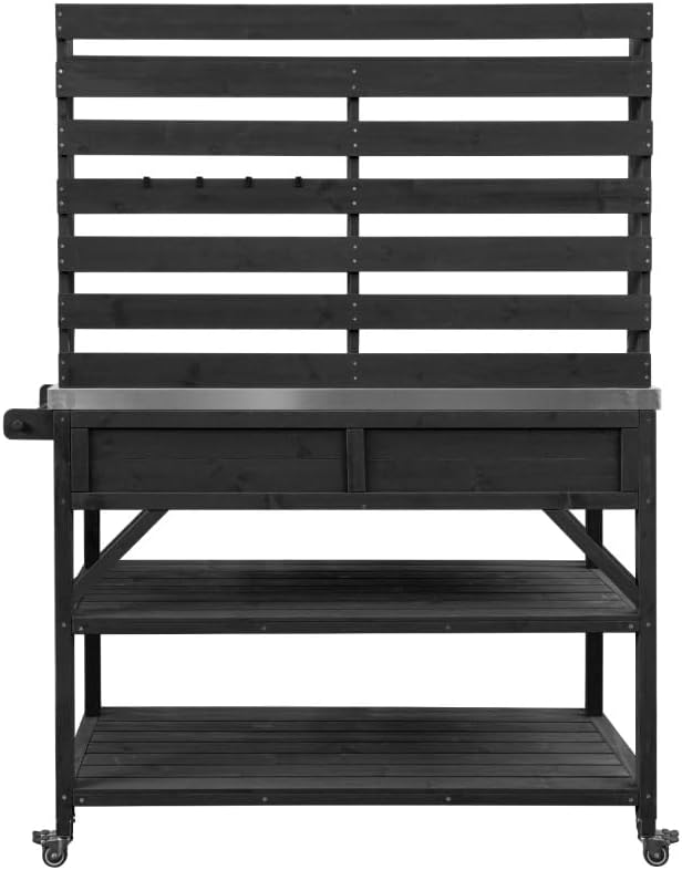 K&K 64.9' H Outdoor Potting Bench Table with Lockable Wheels, Solid Wood Outdoor Kitchen Island with Upper Hutch, Stainless Steel Top, Towel Rack,Outdoor Storage for Grilling, Lawn Garden -Black