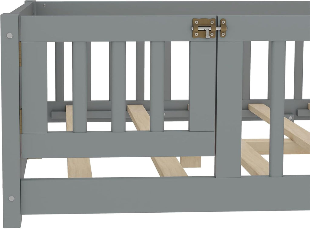 Full Size Floor Bed with Door and Fence for Kids, Montessori Floor Bed with Slats and Safety Guardrails,Solid Wood Floor Bed Frame Full Size for Girls Boys(Full,Gray)