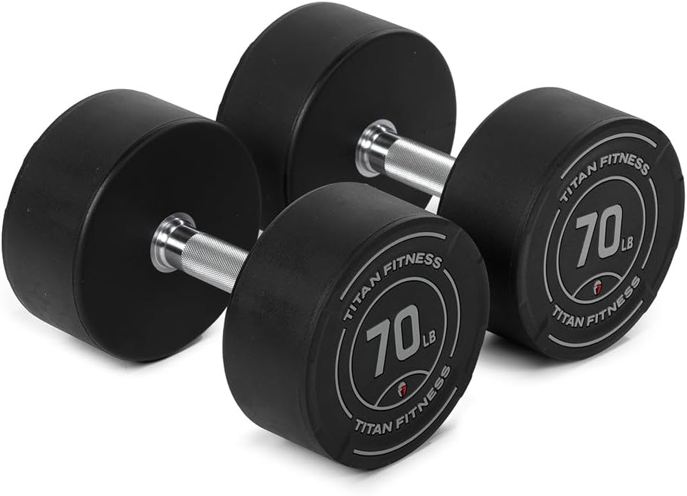 Titan Fitness Round Urethane Dumbbells, Medium Volcano Knurling, 33mm Grip, Easy-to-Read Weight Indicators, Free Weights for Strength Training
