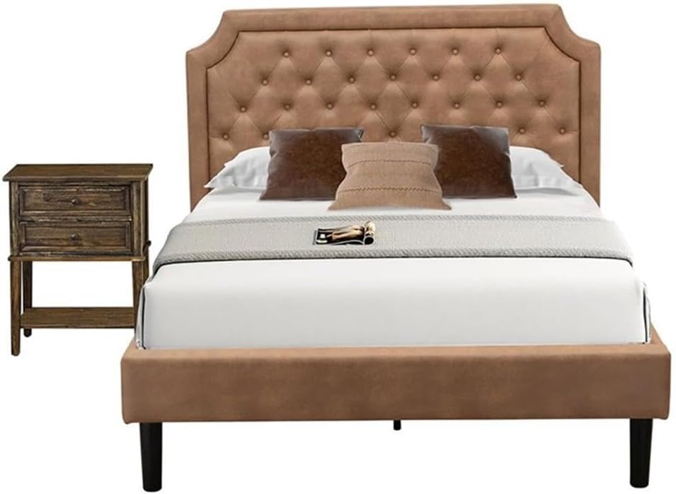 East West Furniture GB28F-1VL07 2-Pc Platform Bedroom set with Button Tufted Full Size Bed and 1 Distressed Jacobean Night Stands for Bedrooms - Brown faux Leather with Brown Texture and Black Legs