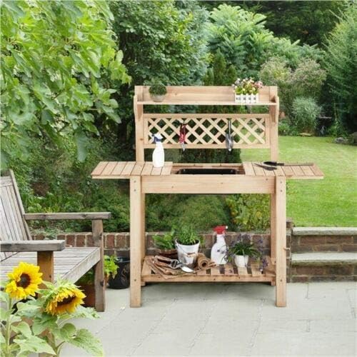 Multi-Function Desk Workstation Potting Bench Table w/Sliding Tabletop w/Removable Sink, Garage Indoor Outdoor Garden Wooden Patio Balcony